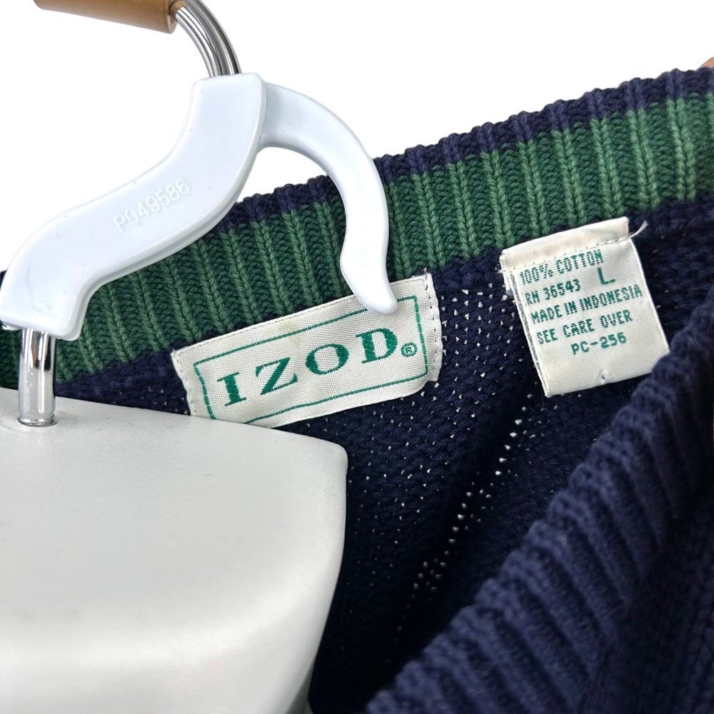 VINTAGE IZOD PREPPY NAVY BLUE GREEN YELLOW WHITE STRIPE SWEATER - L - Picture 4 of 4